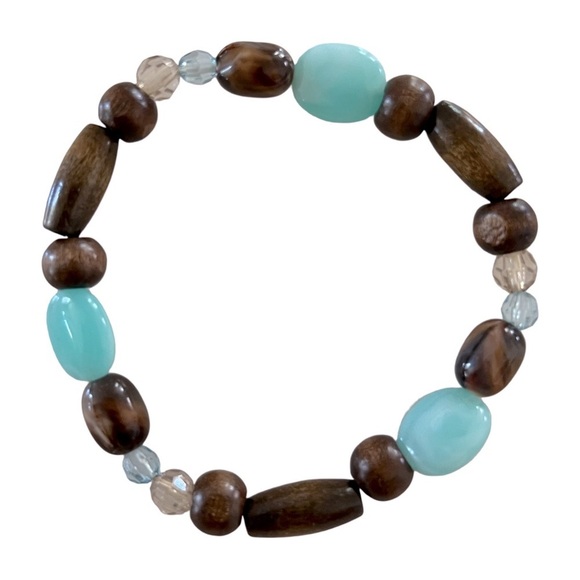 Turquoise Stone and Brown Wooden Beaded Stretch Bracelet - Picture 4 of 5